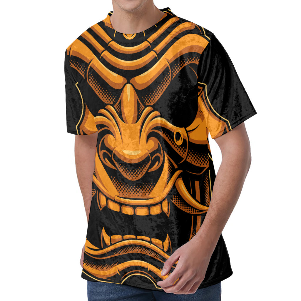 Japanese Warrior Mask Print Men's Velvet T-Shirt