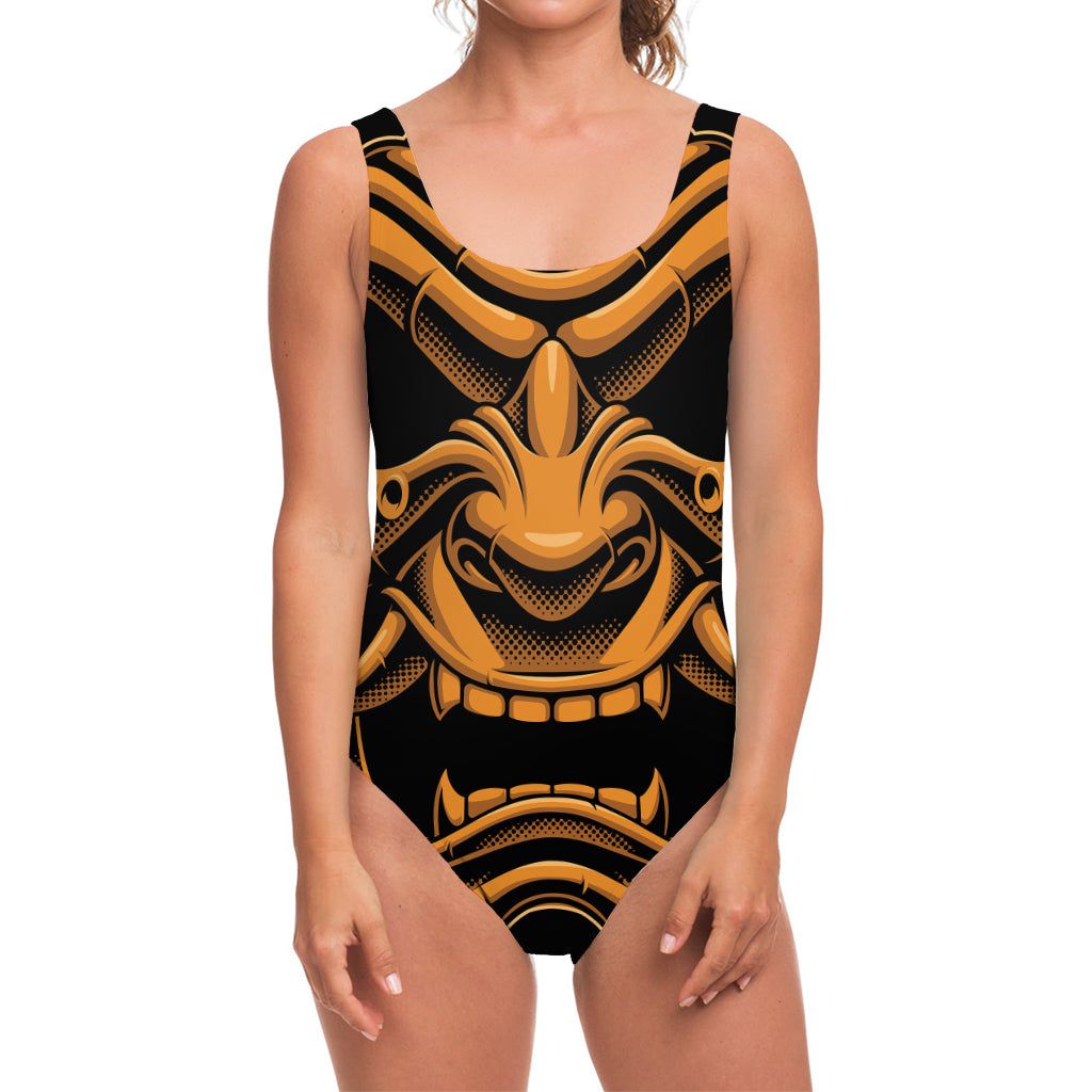 Japanese Warrior Mask Print One Piece Swimsuit