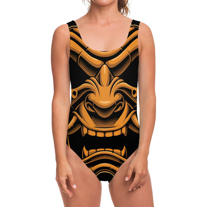 Japanese Warrior Mask Print One Piece Swimsuit