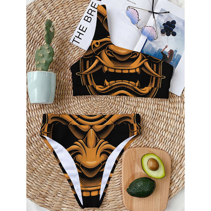 Japanese Warrior Mask Print One Shoulder Bikini Top