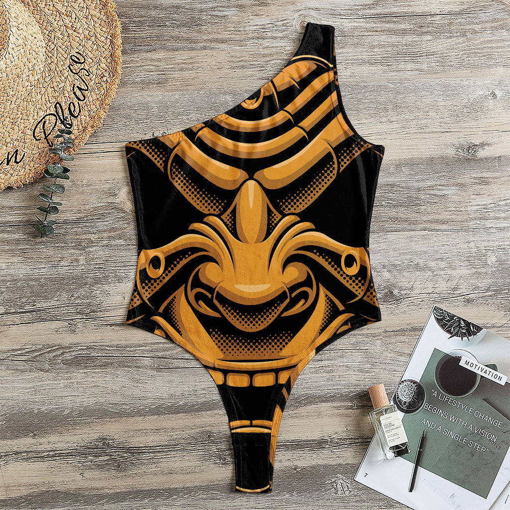 Japanese Warrior Mask Print One Shoulder Bodysuit