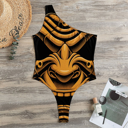 Japanese Warrior Mask Print One Shoulder Bodysuit