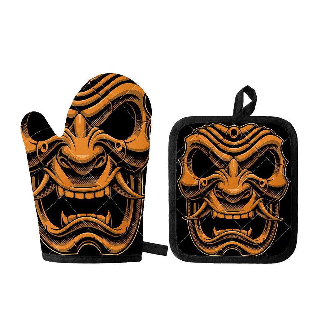 Japanese Warrior Mask Print Oven Mitt And Pot Holder Set
