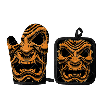 Japanese Warrior Mask Print Oven Mitt And Pot Holder Set