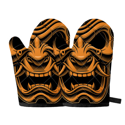 Japanese Warrior Mask Print Oven Mitts