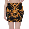 Japanese Warrior Mask Print Pencil Mini Skirt