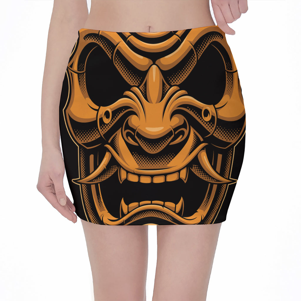 Japanese Warrior Mask Print Pencil Mini Skirt