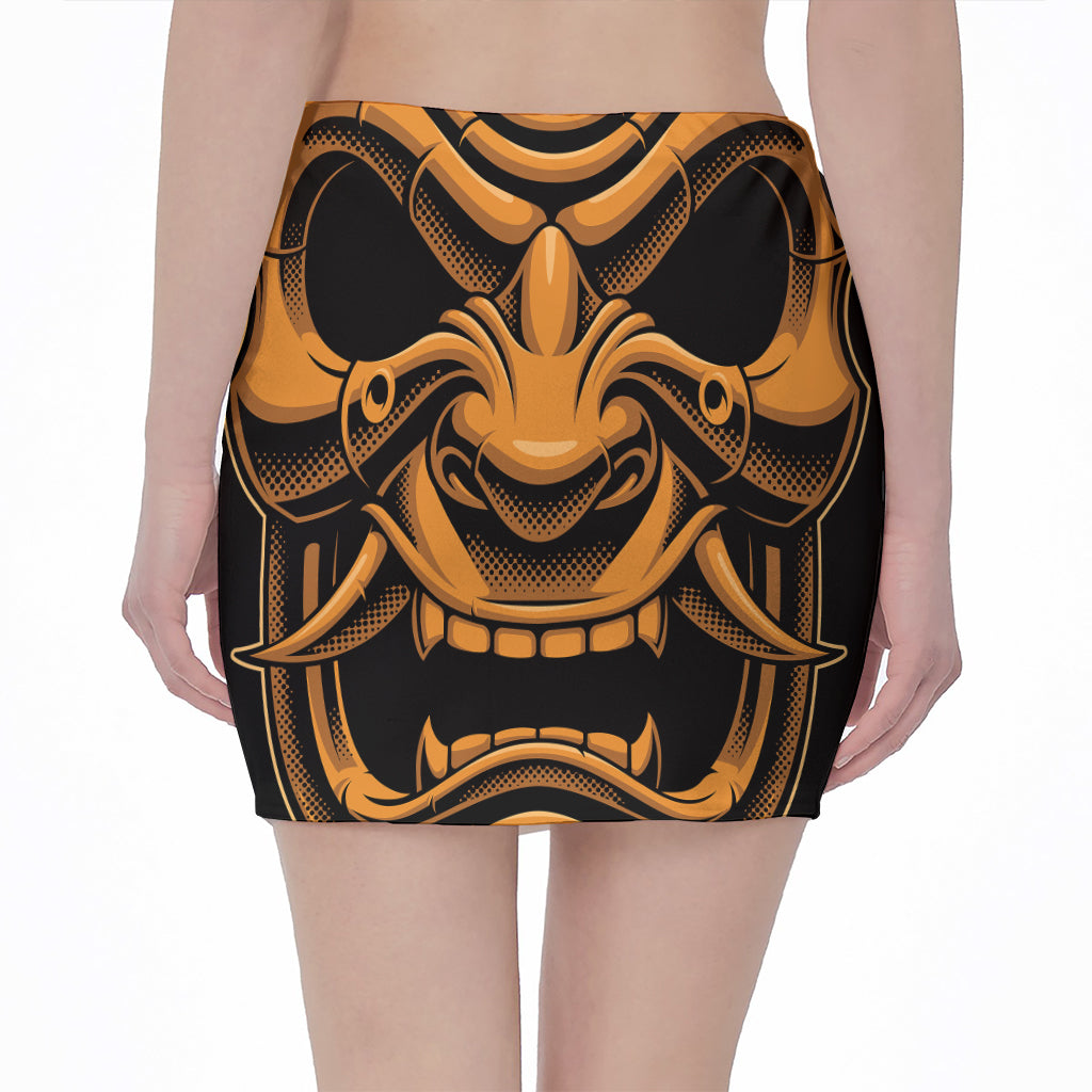 Japanese Warrior Mask Print Pencil Mini Skirt