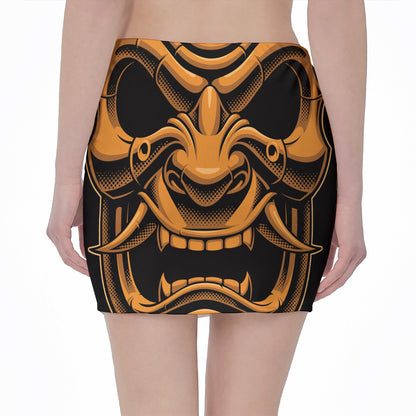 Japanese Warrior Mask Print Pencil Mini Skirt