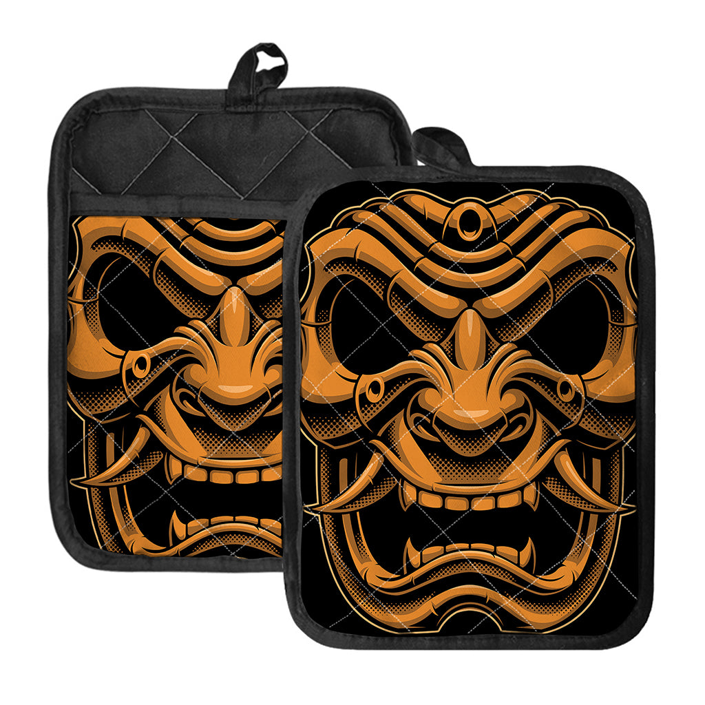 Japanese Warrior Mask Print Pot Holders With Pocket