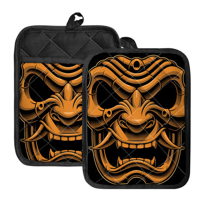 Japanese Warrior Mask Print Pot Holders With Pocket