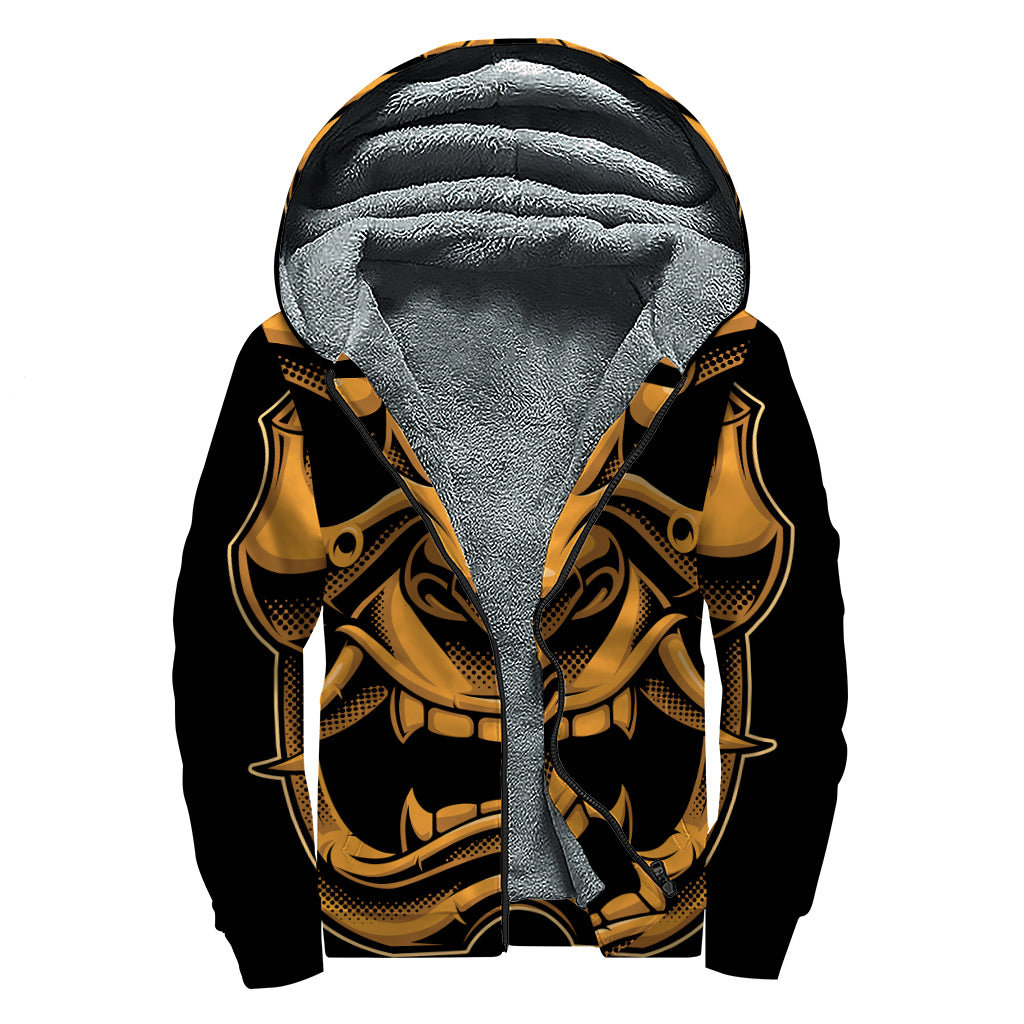 Japanese Warrior Mask Print Sherpa Lined Zip Up Hoodie