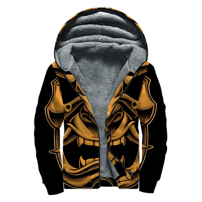 Japanese Warrior Mask Print Sherpa Lined Zip Up Hoodie
