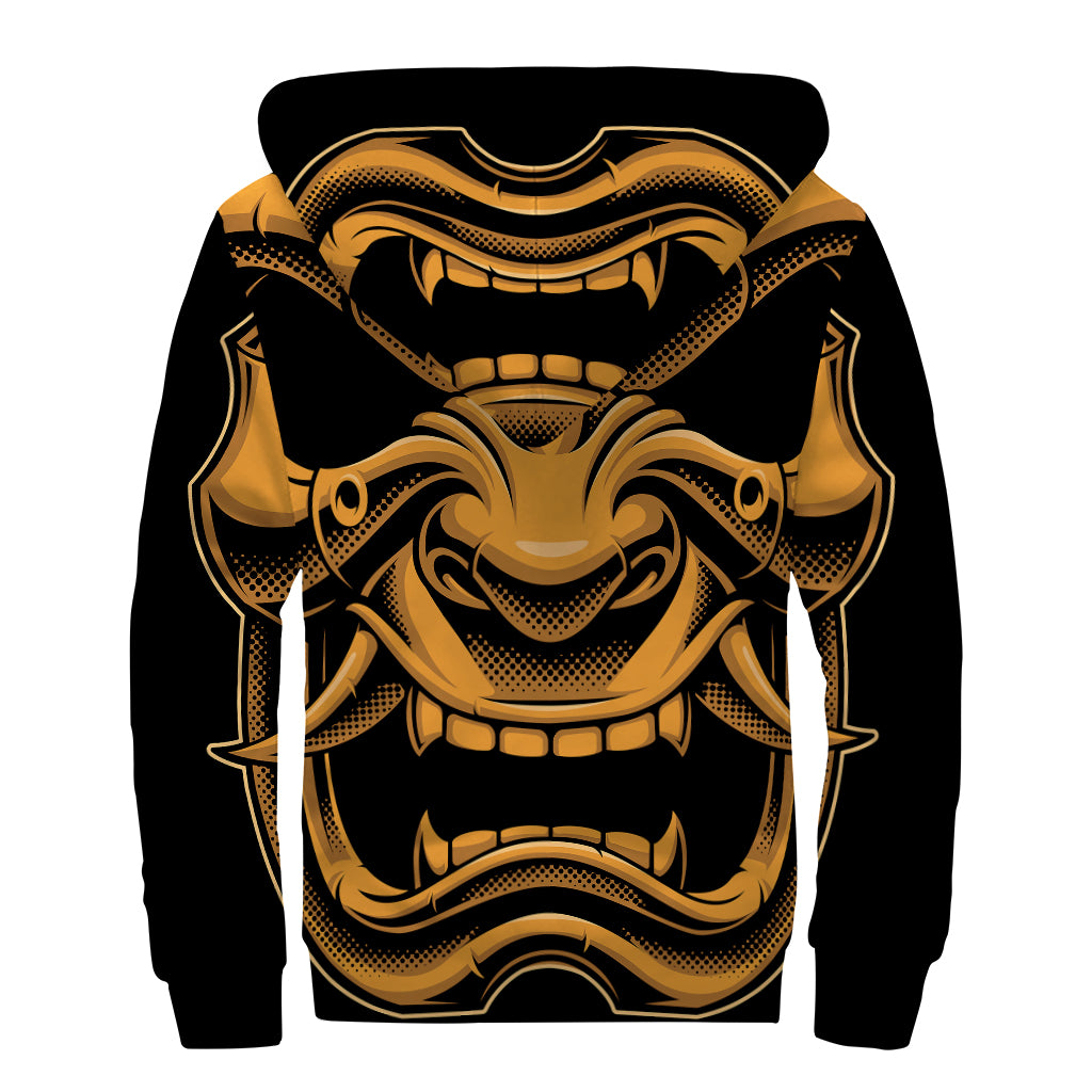 Japanese Warrior Mask Print Sherpa Lined Zip Up Hoodie