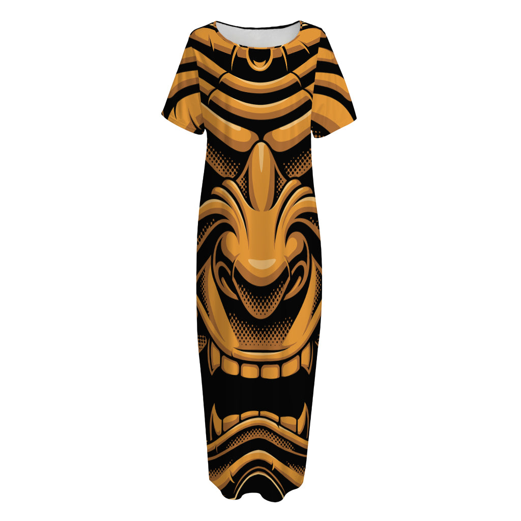 Japanese Warrior Mask Print Short Sleeve Long Nightdress