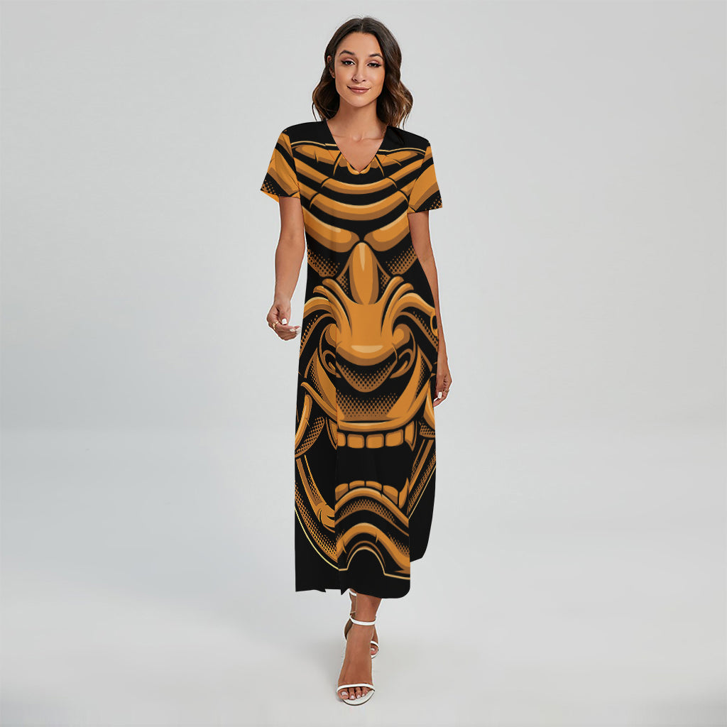 Japanese Warrior Mask Print Short Sleeve Maxi Dress