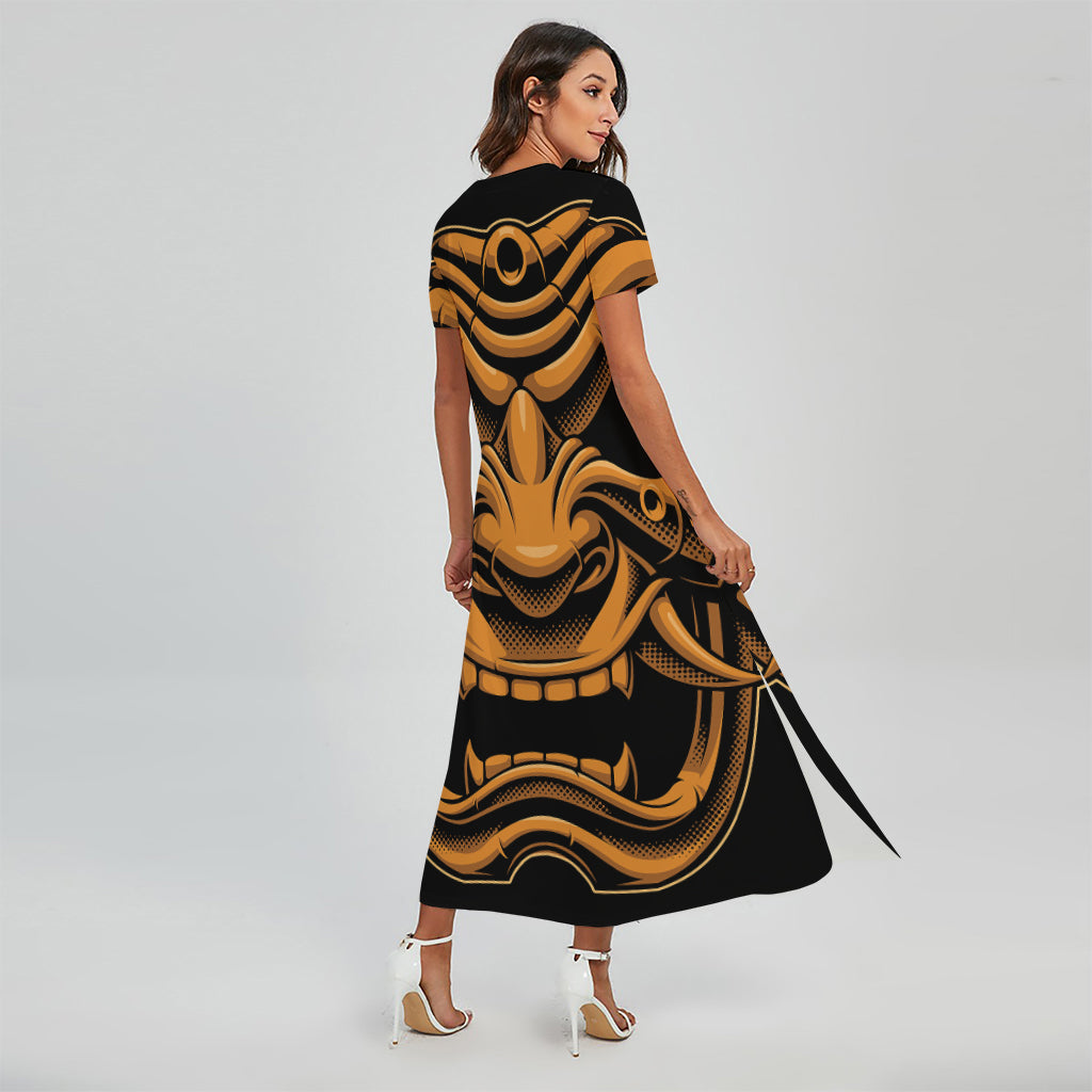 Japanese Warrior Mask Print Short Sleeve Maxi Dress