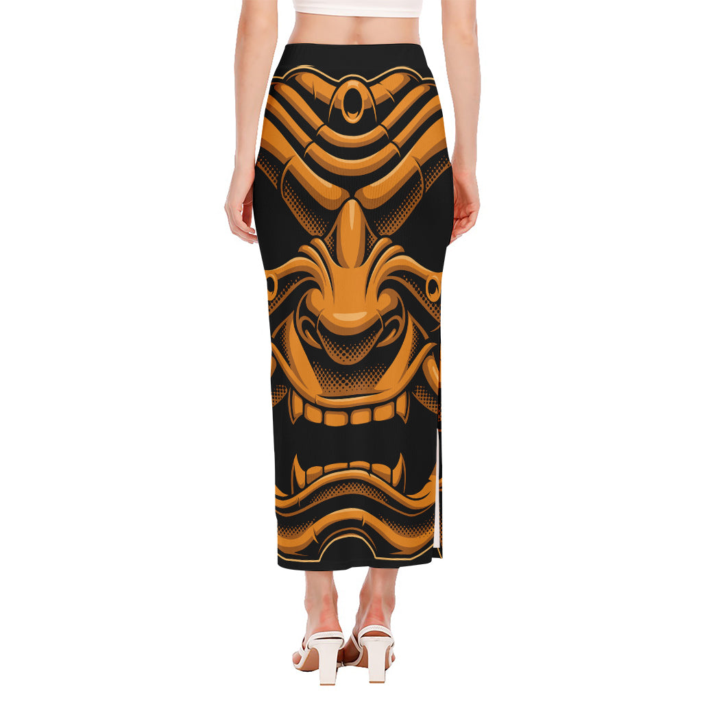 Japanese Warrior Mask Print Side Slit Maxi Skirt