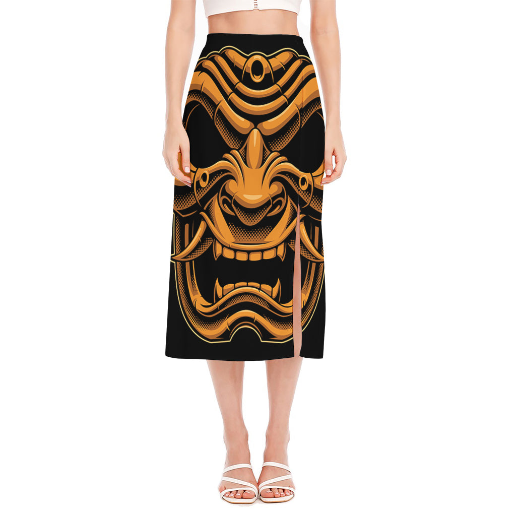 Japanese Warrior Mask Print Side Slit Midi Skirt