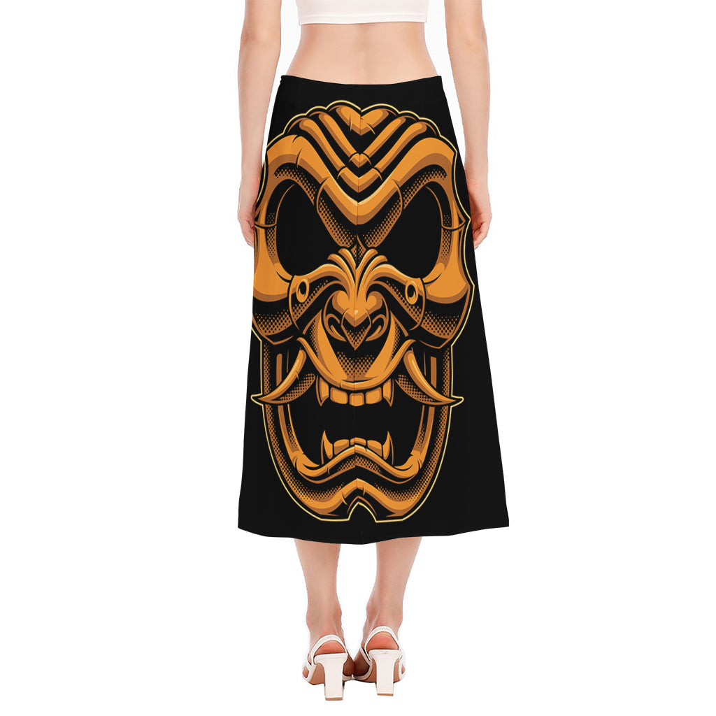 Japanese Warrior Mask Print Side Slit Midi Skirt