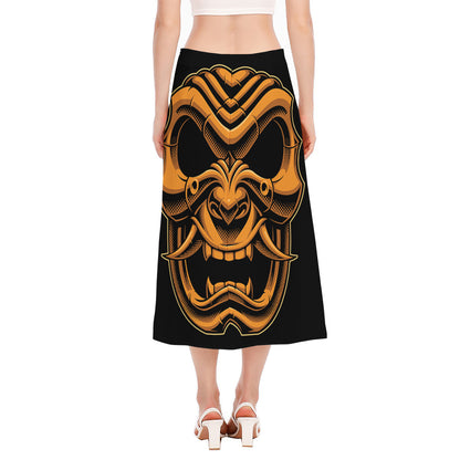 Japanese Warrior Mask Print Side Slit Midi Skirt