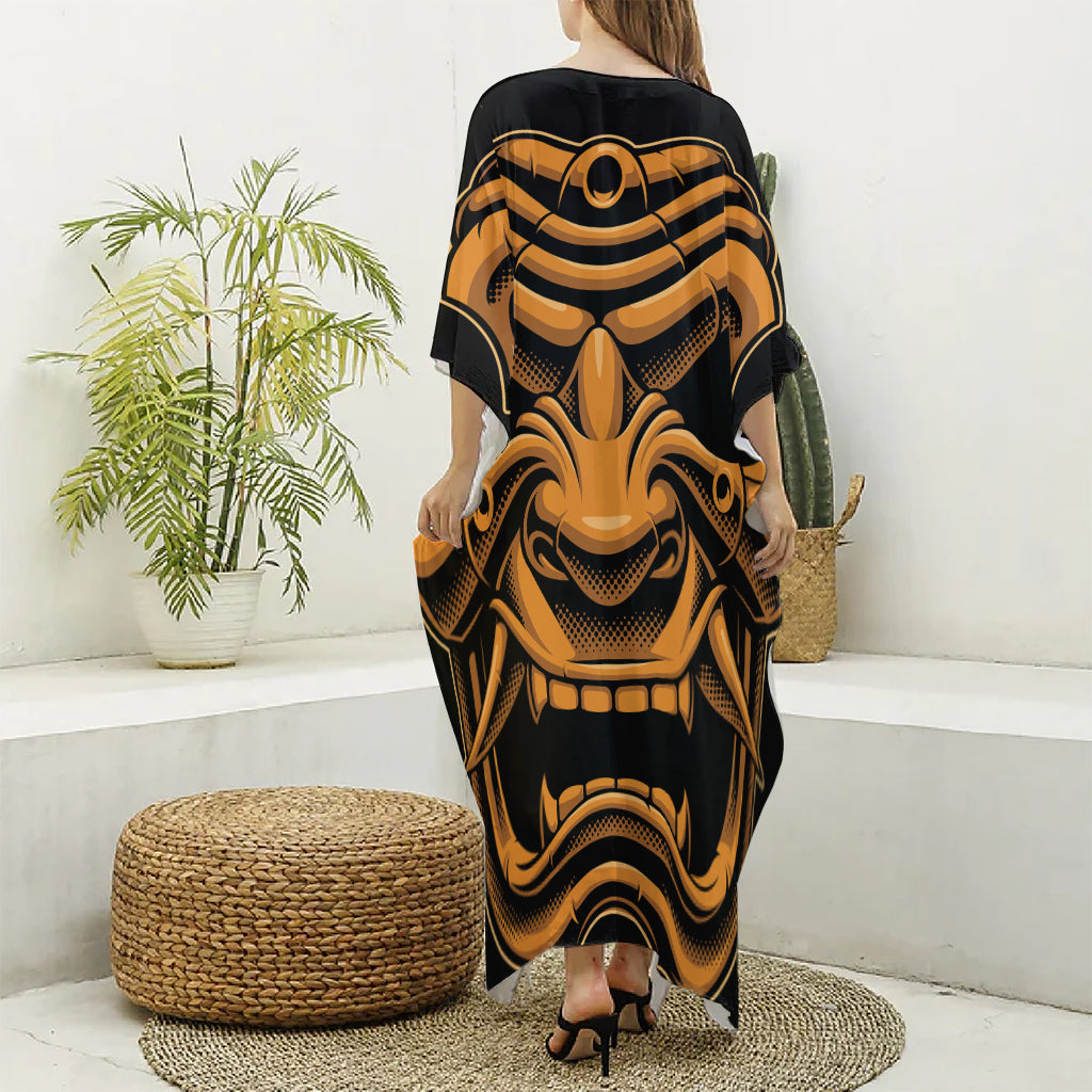 Japanese Warrior Mask Print Silk V-Neck Kaftan Dress