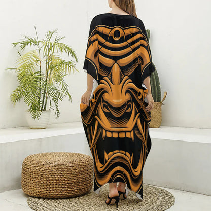 Japanese Warrior Mask Print Silk V-Neck Kaftan Dress