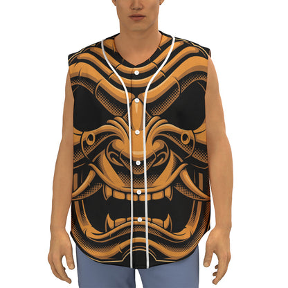 Japanese Warrior Mask Print Sleeveless Baseball Jersey
