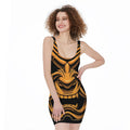 Japanese Warrior Mask Print Sleeveless Bodycon Dress
