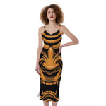 Japanese Warrior Mask Print Slim Fit Midi Cami Dress