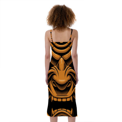 Japanese Warrior Mask Print Slim Fit Midi Cami Dress