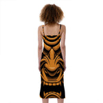 Japanese Warrior Mask Print Slim Fit Midi Cami Dress