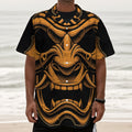 Japanese Warrior Mask Print Textured Short Sleeve Shirt