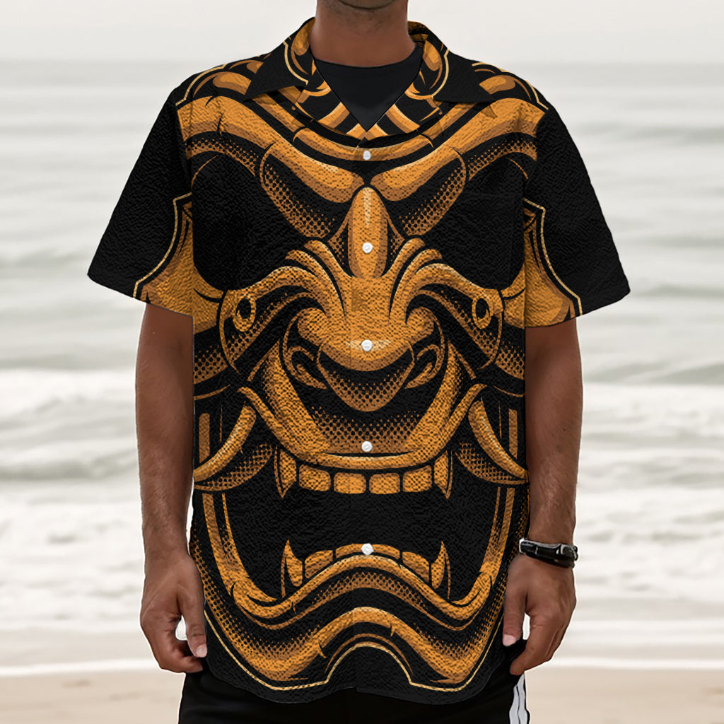 Japanese Warrior Mask Print Textured Short Sleeve Shirt