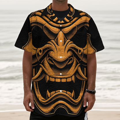 Japanese Warrior Mask Print Textured Short Sleeve Shirt