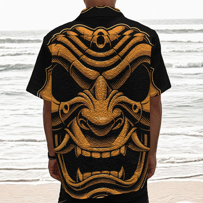 Japanese Warrior Mask Print Textured Short Sleeve Shirt