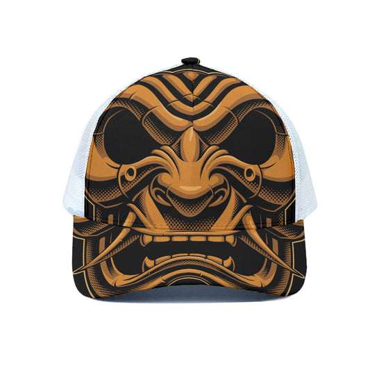 Japanese Warrior Mask Print White Mesh Trucker Cap