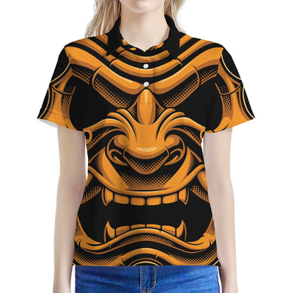 Japanese Warrior Mask Print Women's Polo Shirt