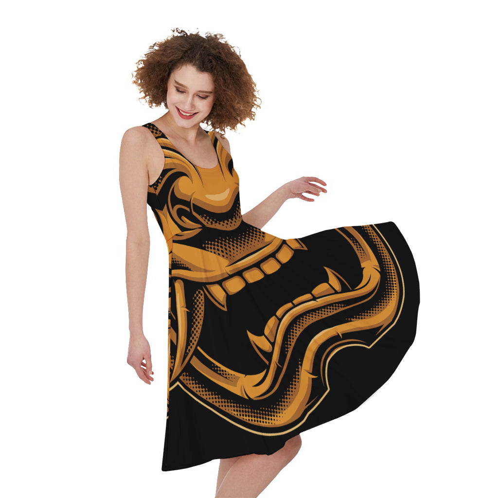 Japanese Warrior Mask Print Women's Sleeveless Dress