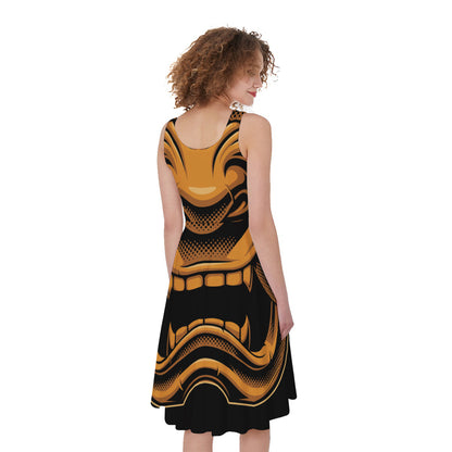Japanese Warrior Mask Print Women's Sleeveless Dress