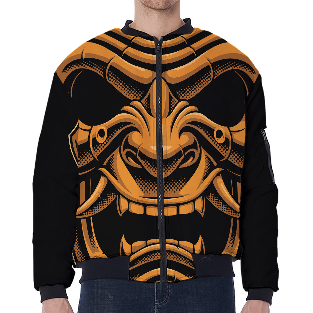 Japanese Warrior Mask Print Zip Sleeve Bomber Jacket