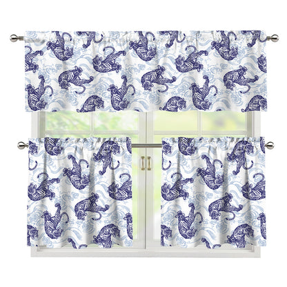 Japanese White Tiger Pattern Print 3 Piece Kitchen Curtains