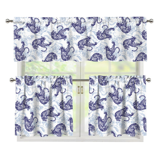 Japanese White Tiger Pattern Print 3 Piece Kitchen Curtains