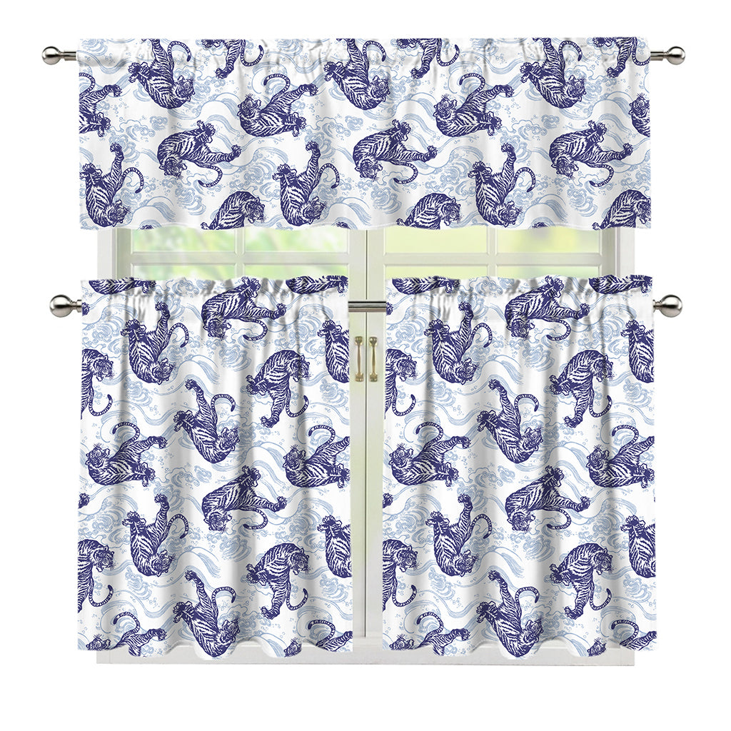 Japanese White Tiger Pattern Print 3 Piece Kitchen Curtains
