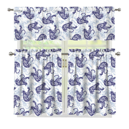 Japanese White Tiger Pattern Print 3 Piece Kitchen Curtains