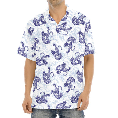 Japanese White Tiger Pattern Print Aloha Shirt