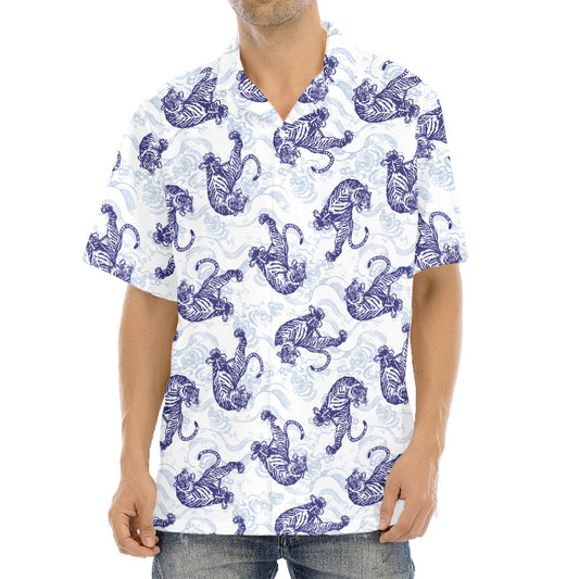 Japanese White Tiger Pattern Print Aloha Shirt