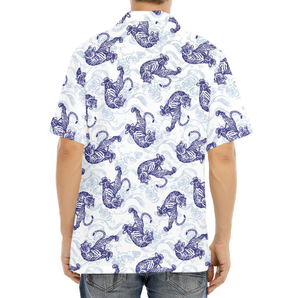 Japanese White Tiger Pattern Print Aloha Shirt