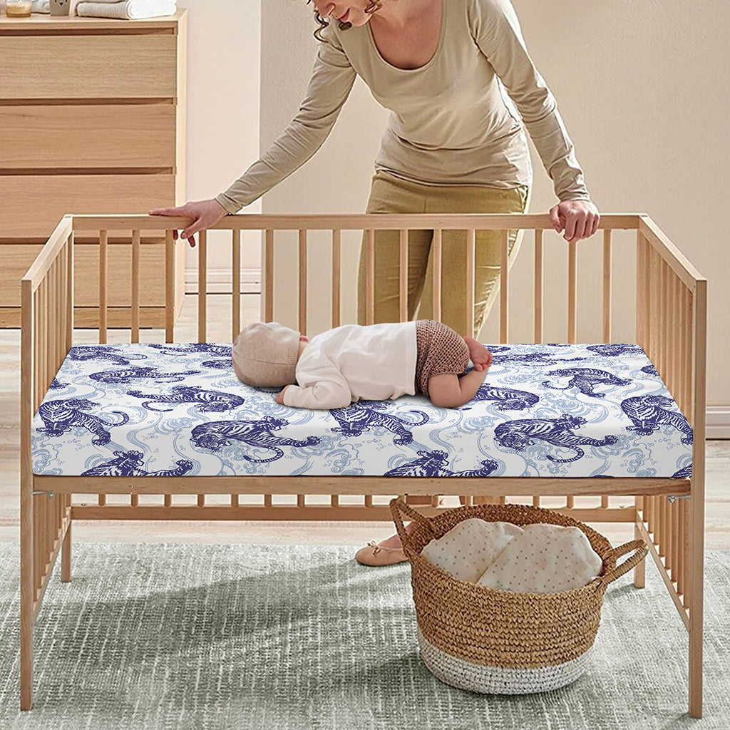 Japanese White Tiger Pattern Print Baby Crib Sheet