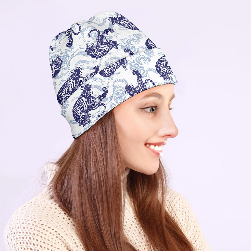 Japanese White Tiger Pattern Print Beanie
